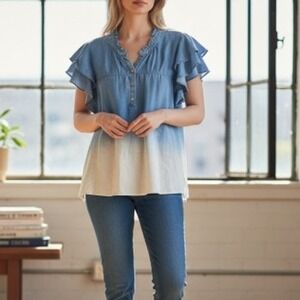 NEW Democracy Womens Chambray Ombre Ruffle Sleeve Popover Top Blue White Size 3X